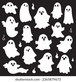 A set of white ghosts on a black background. The ghosts are different shapes and sizes, and they have different expressions on their faces.