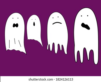 Set of white ghosts on a purple background