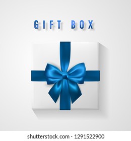 Set White Gift box with blue bow and ribbon top view. Element for decoration gifts, greetings, holidays. Vector illustration.
