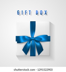 Set White Gift box with blue bow and ribbon top view. Element for decoration gifts, greetings, holidays. Vector illustration.