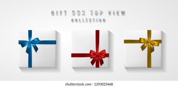 Set White Gift box with bow and ribbon top view. Element for decoration gifts, greetings, holidays. Vector illustration.