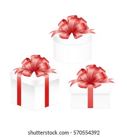 Set of White  Gift Box with Red Ribbon and Bow Isolated on  White Background. Vector image.