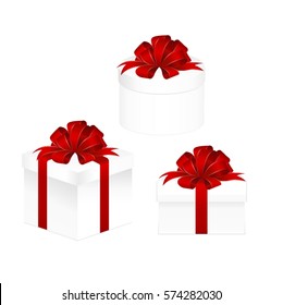 Set of White  Gift Box with Red Ribbon and Bow Isolated on  White Background. Vector image.