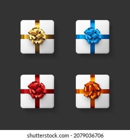 Set of white gift boxes with beautiful colored foil bows. Top view. Vector holiday illustration.
