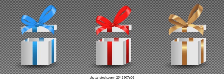 A set of white gift boxes with luxurious bonuses. Happy New Year and Merry Christmas. Gold, red and blue bows.Vector.