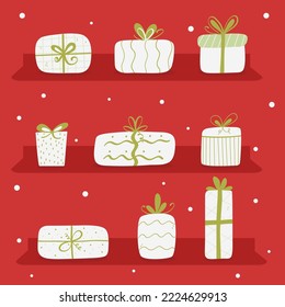 Set of white gift boxes. Presents collection. Red background. Flat doodle style. Colorful wrapped. Cozy winter. Xmas pack.