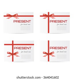 Set of white gift boxes, tied with red ribbons and bows, with shadows