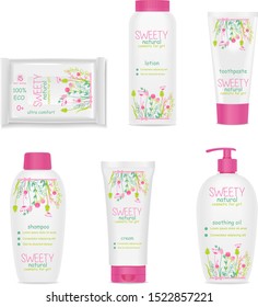 Set of white girl cosmetic tubes with colorful kids design. Pink caps, floral ornament. Vector