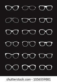 Set of white Glasses isolated on black background. Vector Icons.