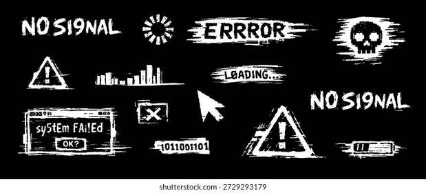 Conjunto de iconos de error digitales defectuosos blancos y texto sobre un fondo negro, con falla del sistema, sin señal, carga y símbolos de advertencia.