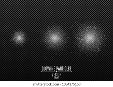 Set of white glitters isolated on a dark transparent background. Stylish sparkle. Spraying dust. Shimmering particles. Flying glowing lights. Vector illustration. EPS 10.