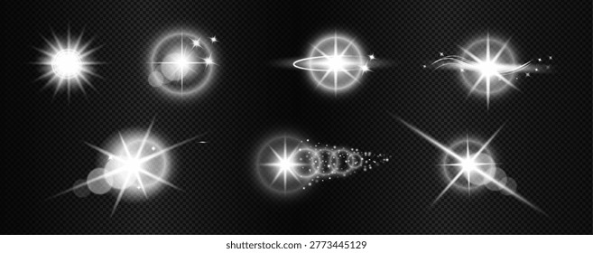 Set of white glowing lens flare effects with radiant stars, sparkle trails, halo circles and luminous streaks isolated on transparent background.