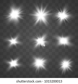 Set of white glowing light burst explosion with Lens flares effect sparkles decoration. Isolated on transparent background.