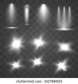 Set of white glowing light burst explosion with Lens flares effect sparkles decoration. Isolated on transparent background.