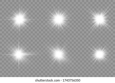 Juego de luces blancas brillantes sobre un fondo transparente, brillantes estrellas brillantes, el estallido de la estrella con brillantez, rayos solares blancos, efecto luminoso, brillo del sol con rayos, ilustración vectorial, eps 10