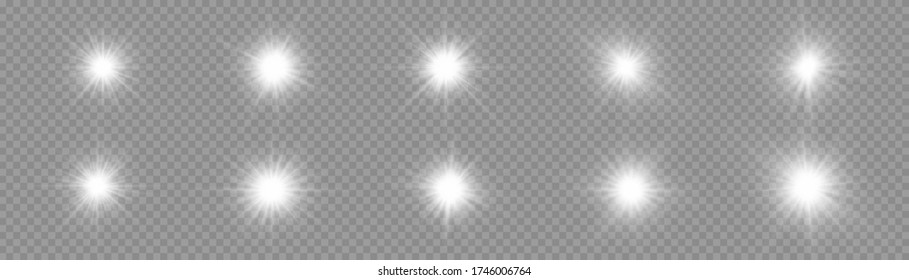 Juego de luces blancas brillantes sobre un fondo transparente, brillantes estrellas brillantes, el estallido de la estrella con brillantez, rayos solares blancos, efecto luminoso, brillo del sol con rayos, ilustración vectorial, eps 10
