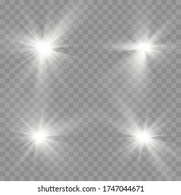 Set of white glowing light burst on a transparent background, glow bright stars, the star burst with brilliance, white sun rays, light effect, flare of sunshine with rays, vector illustration, eps 10