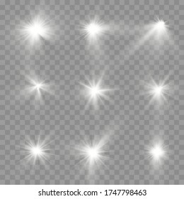 Set of white glowing light burst on a transparent background, glow bright stars, the star burst with brilliance, white sun rays, light effect, flare of sunshine with rays, vector illustration, eps 10