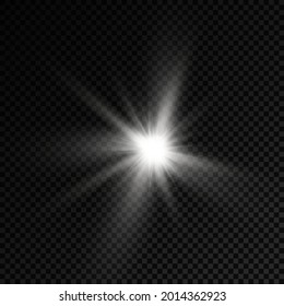 Set of white glowing light burst on a transparent background, glow bright stars, the star burst with brilliance, white sun rays, light effect, flare of sunshine with rays, vector illustration, eps 10