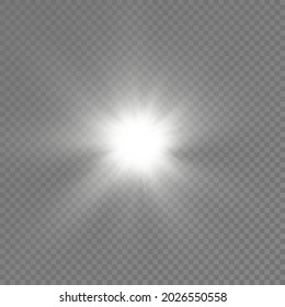 Juego de luces blancas brillantes sobre un fondo transparente, brillantes estrellas brillantes, el estallido de la estrella con brillantez, rayos solares blancos, efecto luminoso, brillo del sol con rayos, ilustración vectorial, eps 10