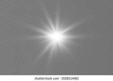 Juego de luces blancas brillantes sobre un fondo transparente, brillantes estrellas brillantes, el estallido de la estrella con brillantez, rayos solares blancos, efecto luminoso, brillo del sol con rayos, ilustración vectorial, eps 10