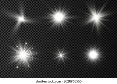 Set of white glowing light burst on a transparent background, glow bright stars, the star burst with brilliance, white sun rays, light effect, flare of sunshine with rays, vector illustration, eps 10