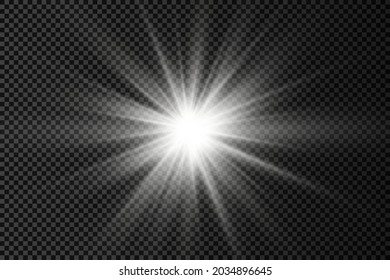 Set of white glowing light burst on a transparent background, glow bright stars, the star burst with brilliance, white sun rays, light effect, flare of sunshine with rays, vector illustration, eps 10