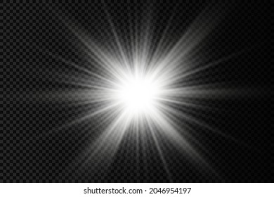 Set of white glowing light burst on a transparent background, glow bright stars, the star burst with brilliance, white sun rays, light effect, flare of sunshine with rays, vector illustration, eps 10