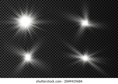 Set of white glowing light burst on a transparent background, glow bright stars, the star burst with brilliance, white sun rays, light effect, flare of sunshine with rays, vector illustration, eps 10