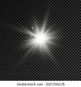 Set of white glowing light burst on a transparent background, glow bright stars, the star burst with brilliance, white sun rays, light effect, flare of sunshine with rays, vector illustration, eps 10