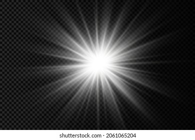 Set of white glowing light burst on a transparent background, glow bright stars, the star burst with brilliance, white sun rays, light effect, flare of sunshine with rays, vector illustration, eps 10