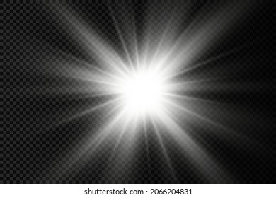 Set of white glowing light burst on a transparent background, glow bright stars, the star burst with brilliance, white sun rays, light effect, flare of sunshine with rays, vector illustration, eps 10