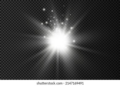 Set of white glowing light burst on a transparent background, glow bright stars, the star burst with brilliance, white sun rays, light effect, flare of sunshine with rays, vector illustration, eps 10