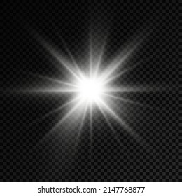Set of white glowing light burst on a transparent background, glow bright stars, the star burst with brilliance, white sun rays, light effect, flare of sunshine with rays, vector illustration, eps 10