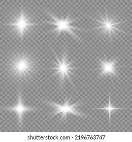 Set of white glowing light burst on a transparent background, white sun rays, glow bright stars, the star burst with brilliance, light effect, flare of sunshine with rays, vector illustration, eps 10