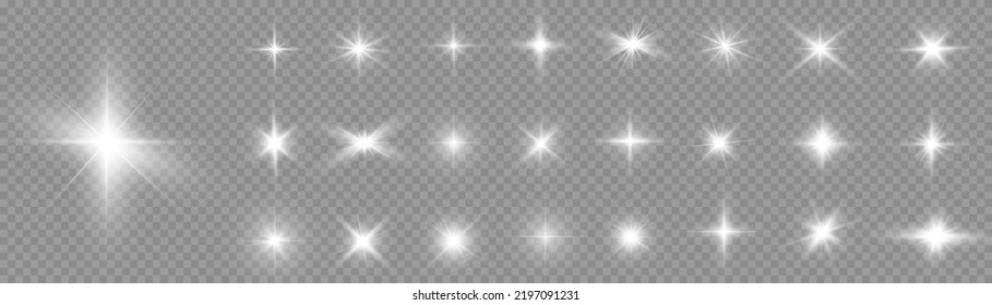 Set of white glowing light burst on a transparent background, white sun rays, glow bright stars, the star burst with brilliance, light effect, flare of sunshine with rays, vector illustration, eps 10