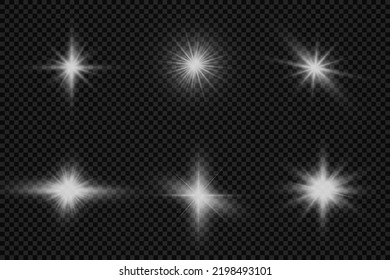 Juego de ráfagas de luz blanca y brillante sobre un fondo transparente, rayos solares blancos, brillantes estrellas brillantes, la estrella reventada con brillo, efecto luminoso, destello de sol con rayos, ilustración vectorial, eps 10