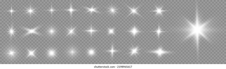 Set of white glowing light burst on a transparent background, white sun rays, glow bright stars, the star burst with brilliance, light effect, flare of sunshine with rays, vector illustration, eps 10