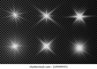 Set of white glowing light burst on a transparent background, white sun rays, glow bright stars, the star burst with brilliance, light effect, flare of sunshine with rays, vector illustration, eps 10