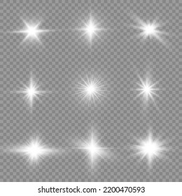 Set Of White Glowing Light Burst On A Transparent Background, White Sun Rays, Glow Bright Stars, The Star Burst With Brilliance, Light Effect, Flare Of Sunshine With Rays, Vector Illustration, Eps 10