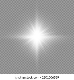 Set Of White Glowing Light Burst On A Transparent Background, White Sun Rays, Glow Bright Stars, The Star Burst With Brilliance, Light Effect, Flare Of Sunshine With Rays, Vector Illustration, Eps 10