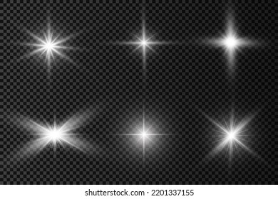 Set Of White Glowing Light Burst On A Transparent Background, White Sun Rays, Glow Bright Stars, The Star Burst With Brilliance, Light Effect, Flare Of Sunshine With Rays, Vector Illustration, Eps 10