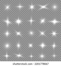 Set Of White Glowing Light Burst On A Transparent Background, White Sun Rays, Glow Bright Stars, The Star Burst With Brilliance, Light Effect, Flare Of Sunshine With Rays, Vector Illustration, Eps 10