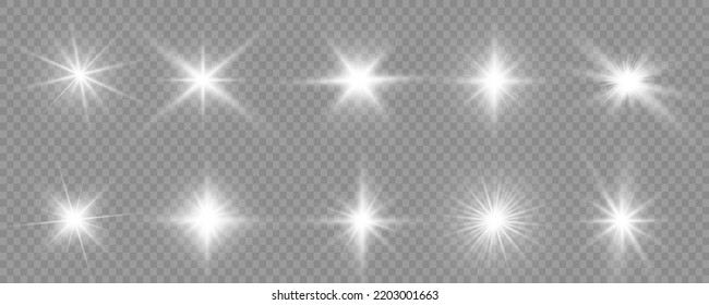 Set of white glowing light burst on a transparent background, white sun rays, glow bright stars, the star burst with brilliance, light effect, flare of sunshine with rays, vector illustration, eps 10