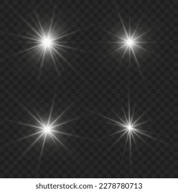 Set of white glowing light burst on a transparent background, white sun rays, glow bright stars, the star burst with brilliance, light effect, flare of sunshine with rays, vector illustration, eps 10