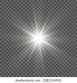 Set of white glowing light burst on a transparent background, glow bright stars, the star burst with brilliance, white sun rays, light effect, flare of sunshine with rays, vector illustration, eps 10