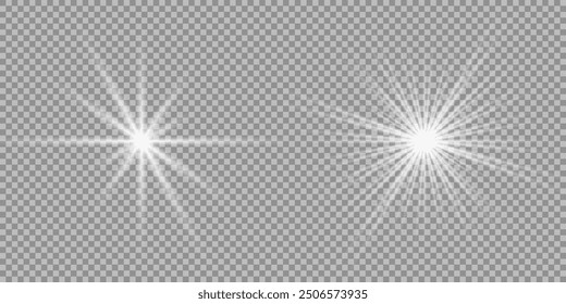 Set of white glowing light burst on a transparent background, glow bright stars, the star burst with brilliance, white sun rays, light effect, flare of sunshine with rays, vector illustration