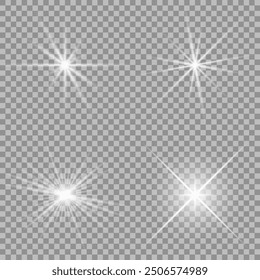 Set of white glowing light burst on a transparent background, white sun rays, glow bright stars, the star burst with brilliance, light effect, flare of sunshine with rays, vector illustration, eps 10