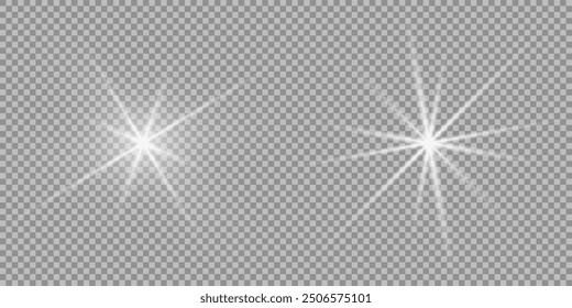 Set of white glowing light burst on a transparent background, glow bright stars, the star burst with brilliance, white sun rays, light effect, flare of sunshine with rays, vector illustration