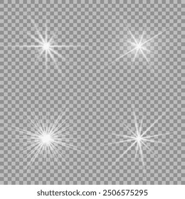 Set of white glowing light burst on a transparent background, white sun rays, glow bright stars, the star burst with brilliance, light effect, flare of sunshine with rays, vector illustration, eps 10